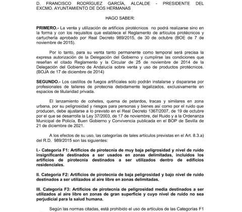 BANDO SOBRE VENTA Y USO DE ARTIFICIOS PIROTÉCNICOS 2023